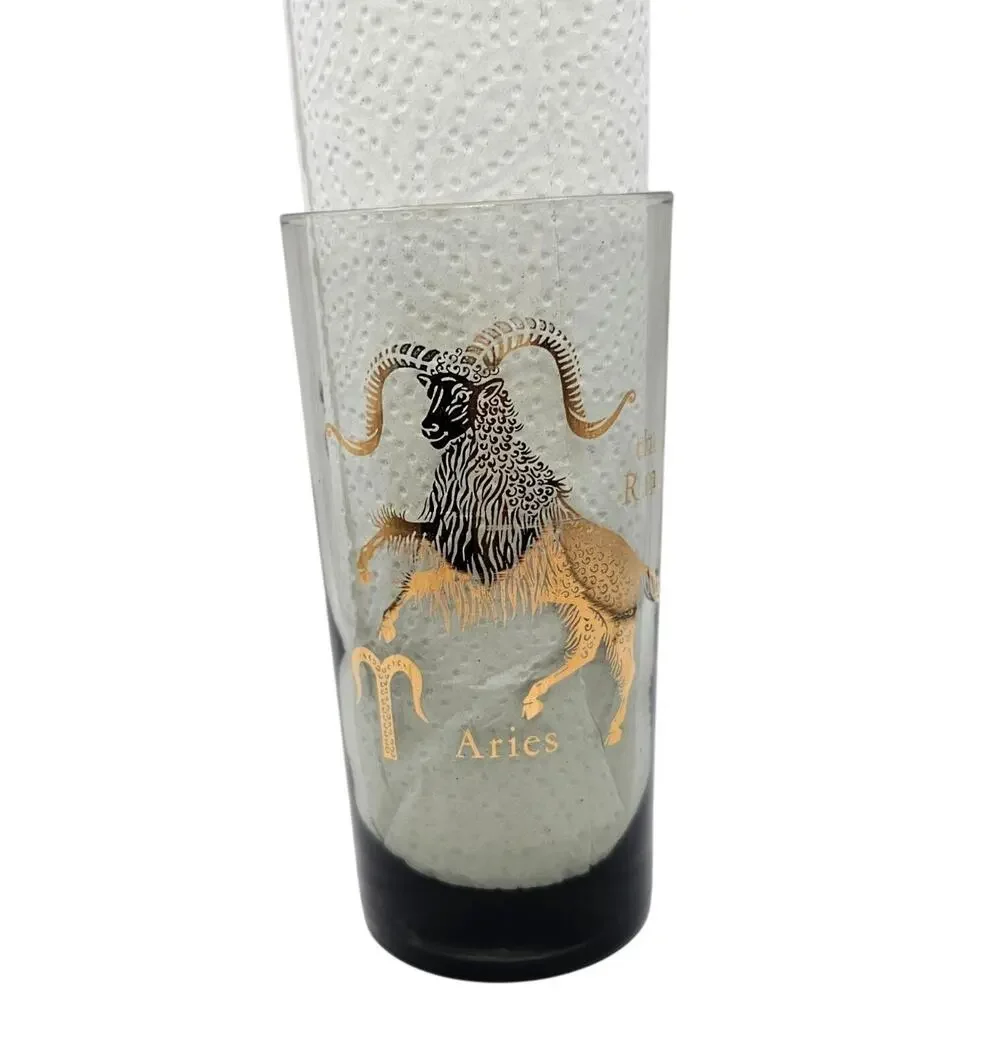 Vintage Federal Glass Aries Zodiac Highball Tumbler Smoked Grey Gold Ram MCM